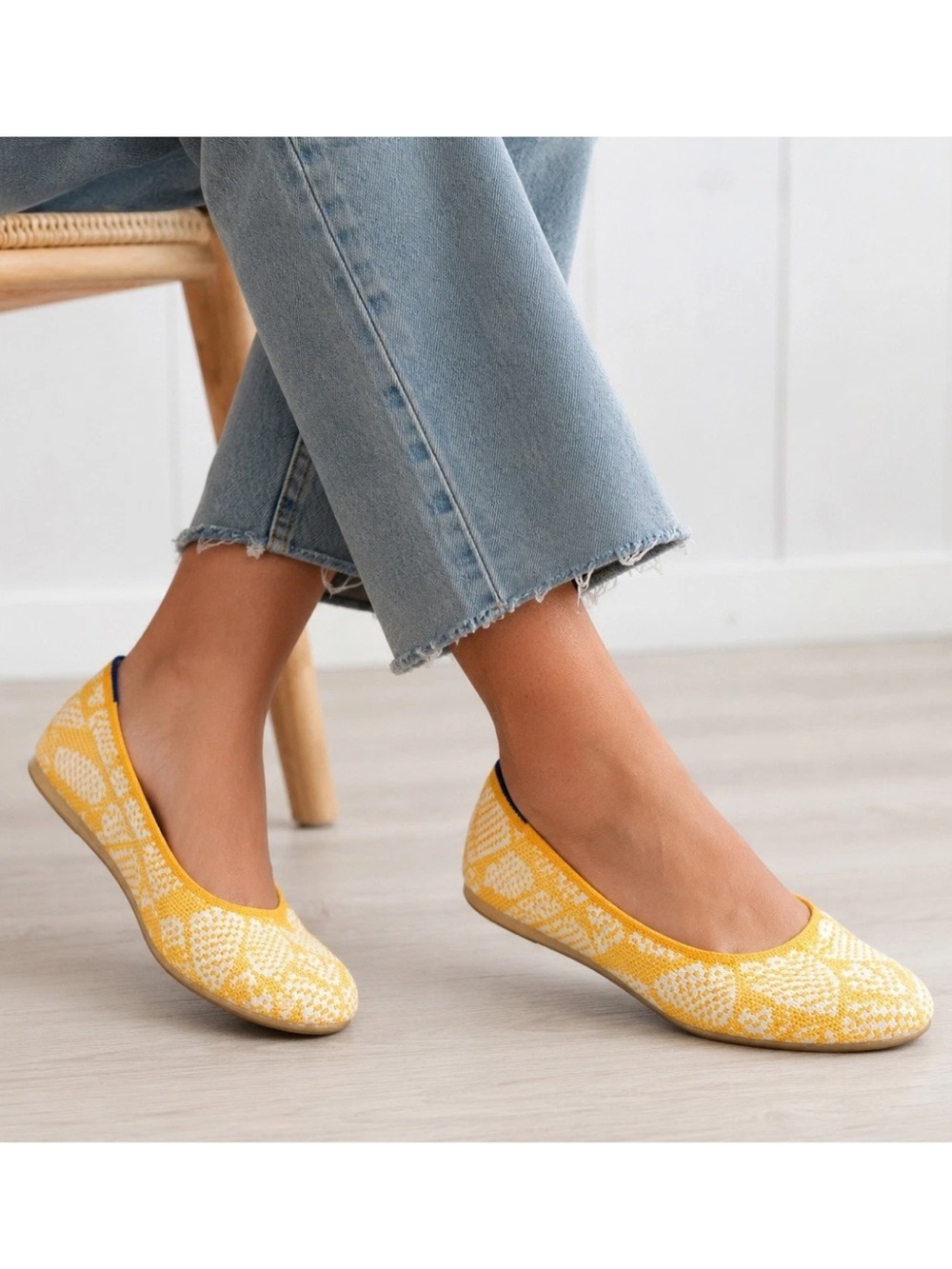 Rothy's The Daisy Square Toe Ballet Flat Yellow/White Size 9